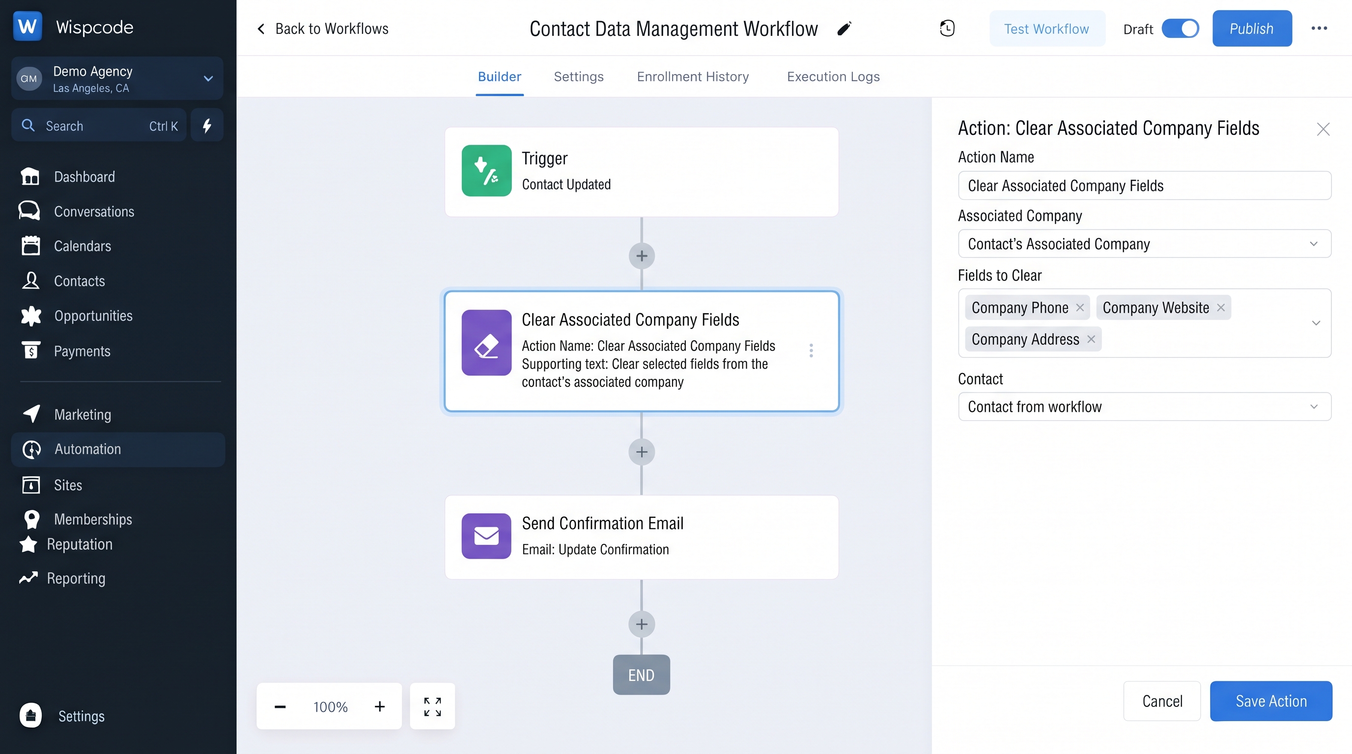 GoHighLevel workflow builder displaying a Contact Data Management Workflow with Clear Associated Company Fields configuration settings GoHighLevel workflow builder displaying a Contact Data Management Workflow with Clear Associated Company Fields configuration settings