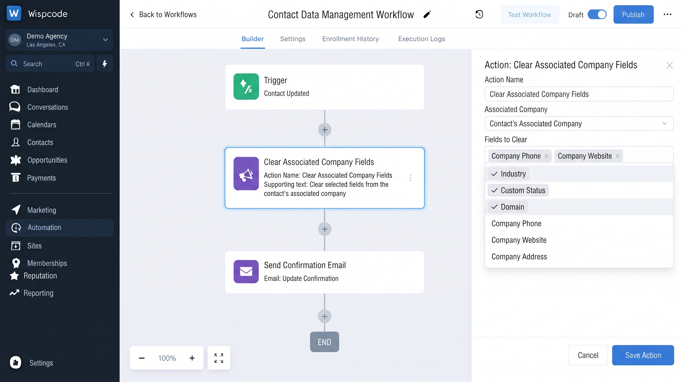GoHighLevel workflow builder displaying a Contact Data Management Workflow with Clear Associated Company Fields action configuration settings GoHighLevel workflow builder displaying a Contact Data Management Workflow with Clear Associated Company Fields action configuration settings