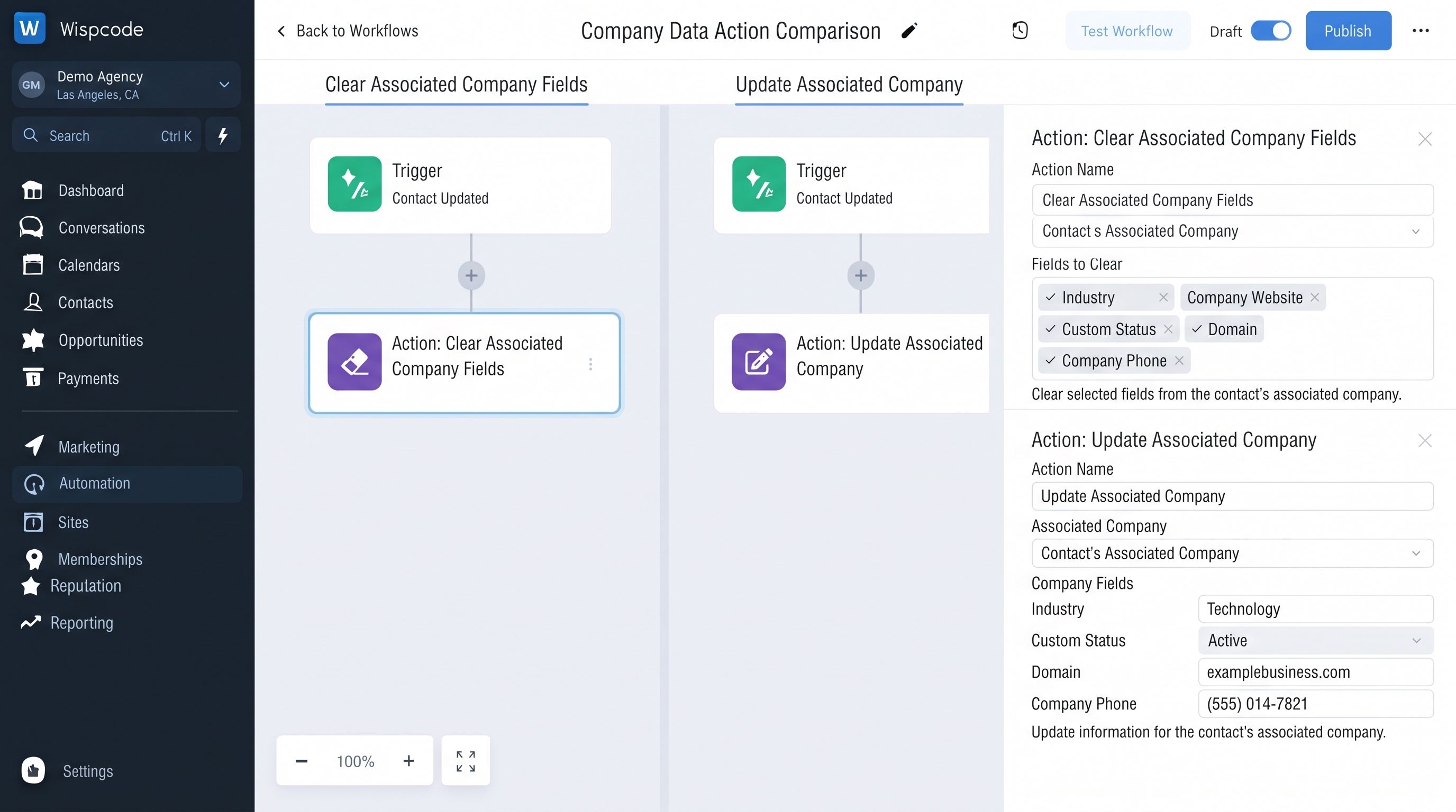 GoHighLevel workflow builder displaying Company Data Action Comparison with side-by-side field clearing and updating configuration panels GoHighLevel workflow builder displaying Company Data Action Comparison with side-by-side field clearing and updating configuration panels
