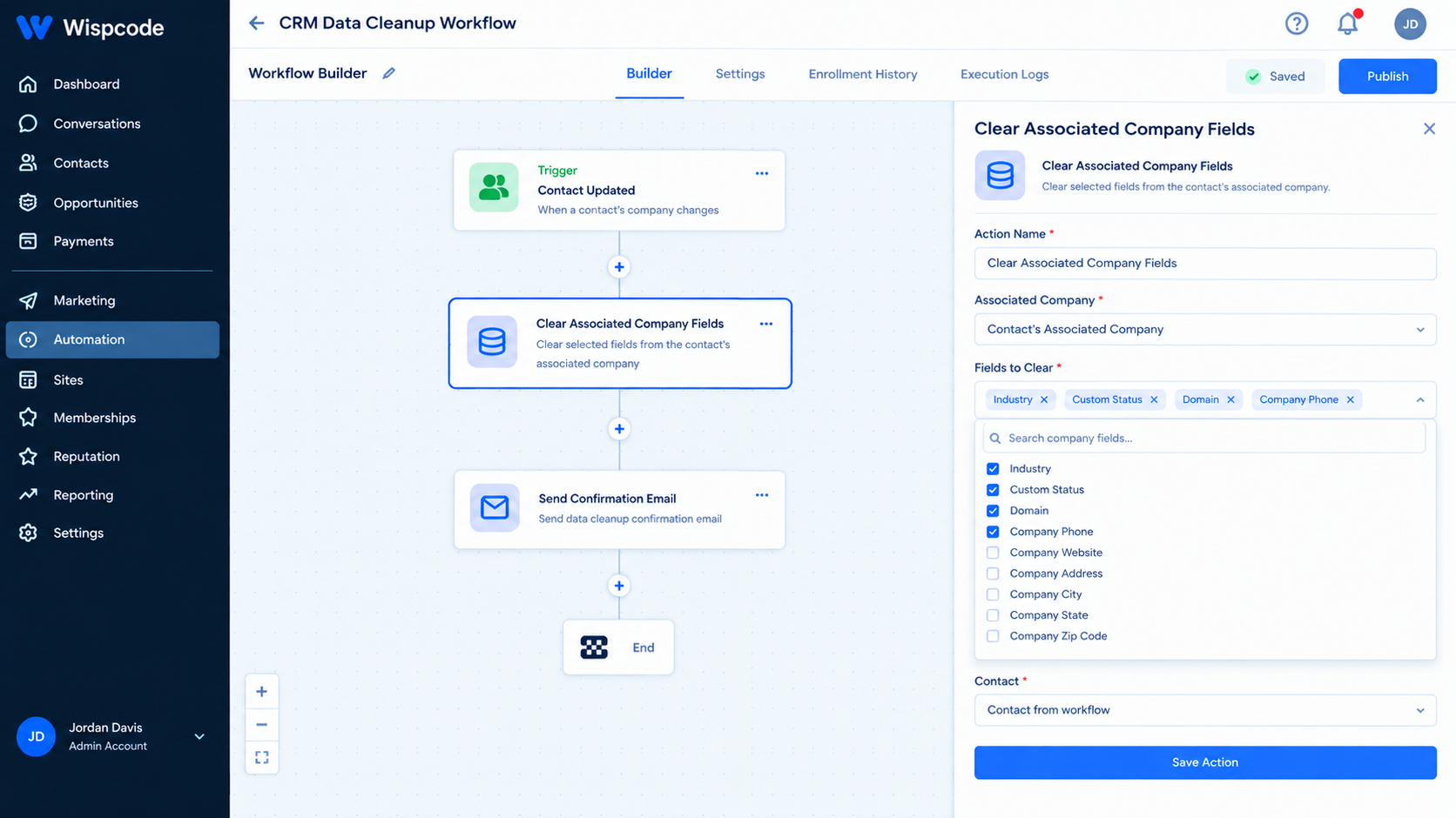 GoHighLevel workflow builder displaying a CRM Data Cleanup Workflow with Clear Associated Company Fields configuration settings GoHighLevel workflow builder displaying a CRM Data Cleanup Workflow with Clear Associated Company Fields configuration settings