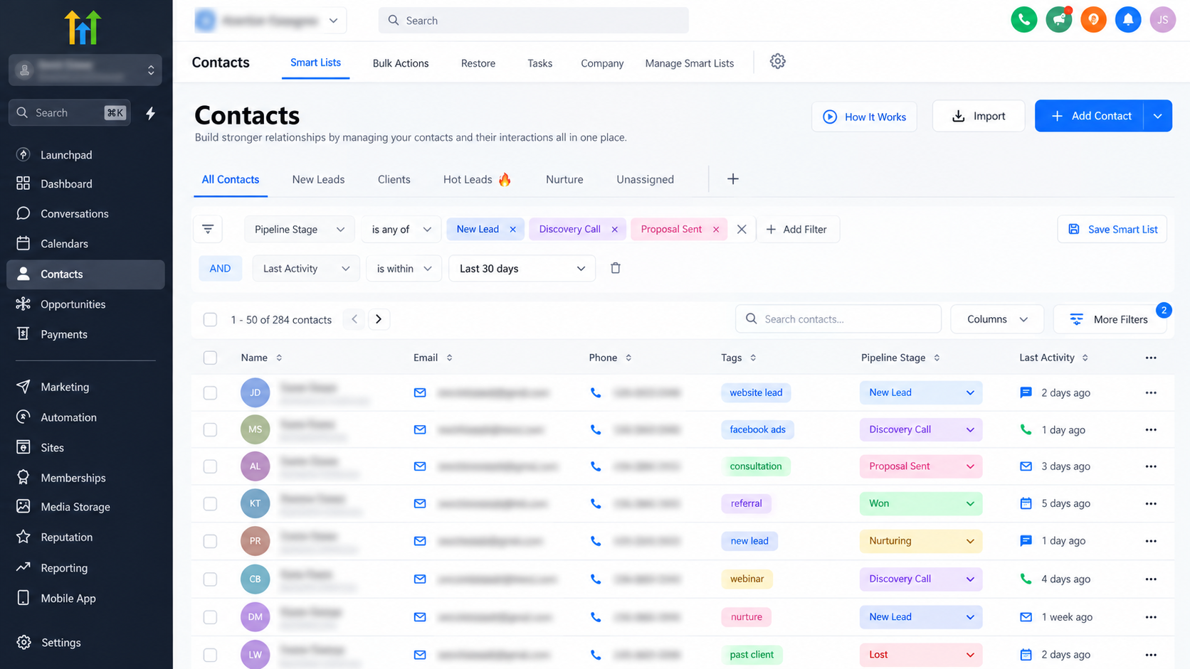 GoHighLevel CRM contacts dashboard showing Smart Lists, lead tags, filters, and pipeline stages. GoHighLevel CRM contacts dashboard showing Smart Lists, lead tags, filters, and pipeline stages.