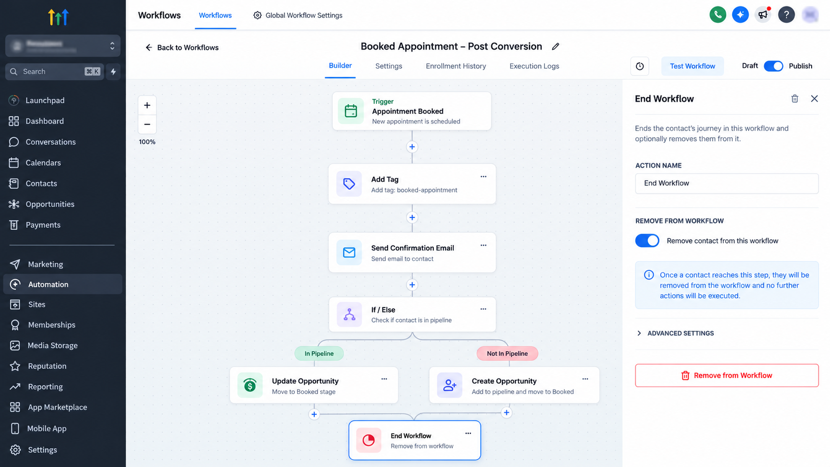 GoHighLevel appointment booking automation showing workflow actions for managing leads after scheduling. GoHighLevel appointment booking automation showing workflow actions for managing leads after scheduling.