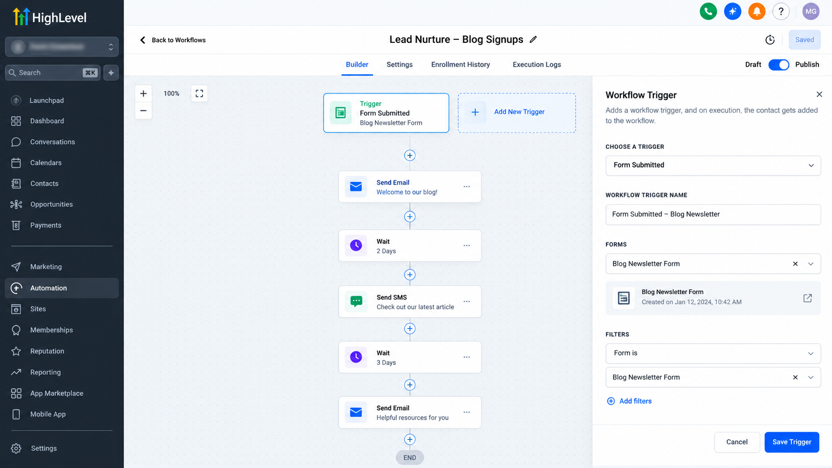 GoHighLevel workflow builder showing a form submission trigger and automated email, SMS, and wait actions. GoHighLevel workflow builder showing a form submission trigger and automated email, SMS, and wait actions.
