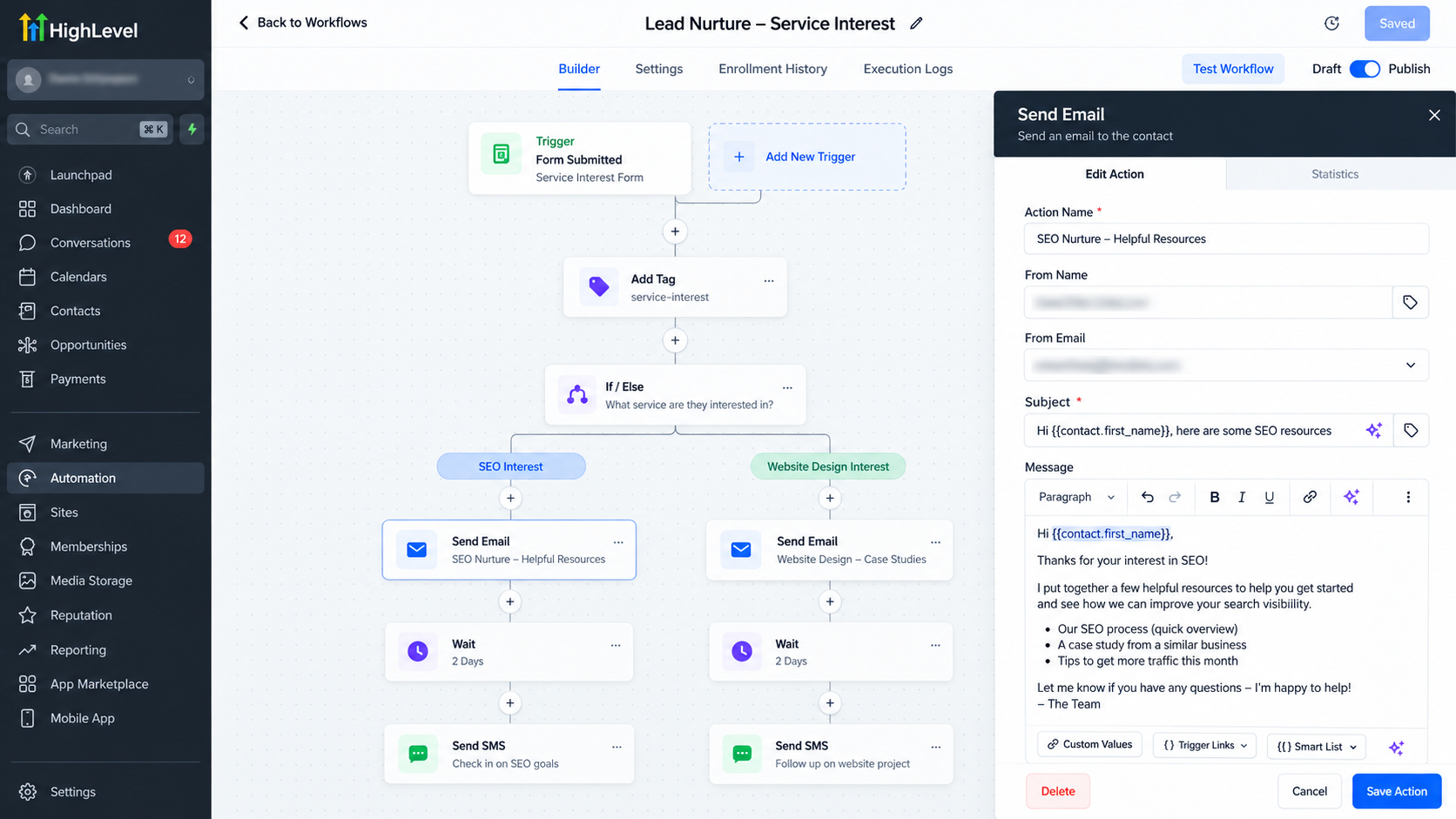GoHighLevel If/Else workflow showing personalized email automation based on a lead's service interests. GoHighLevel If/Else workflow showing personalized email automation based on a lead's service interests.