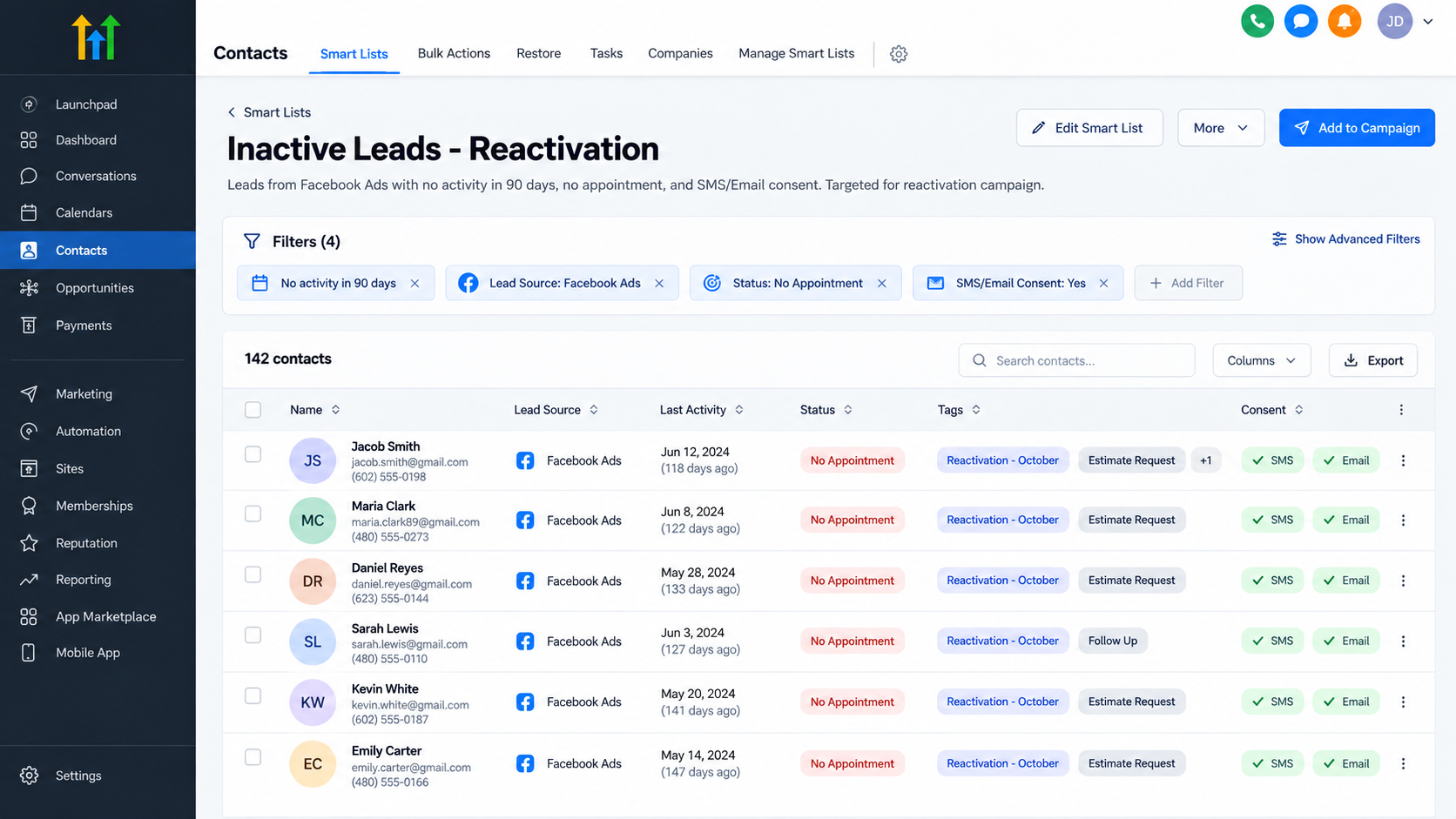 GoHighLevel Contacts Smart Lists dashboard showing inactive leads segmented using filters, lead sources, tags, and consent status for a lead reactivation campaign. GoHighLevel Contacts Smart Lists dashboard showing inactive leads segmented using filters, lead sources, tags, and consent status for a lead reactivation campaign.