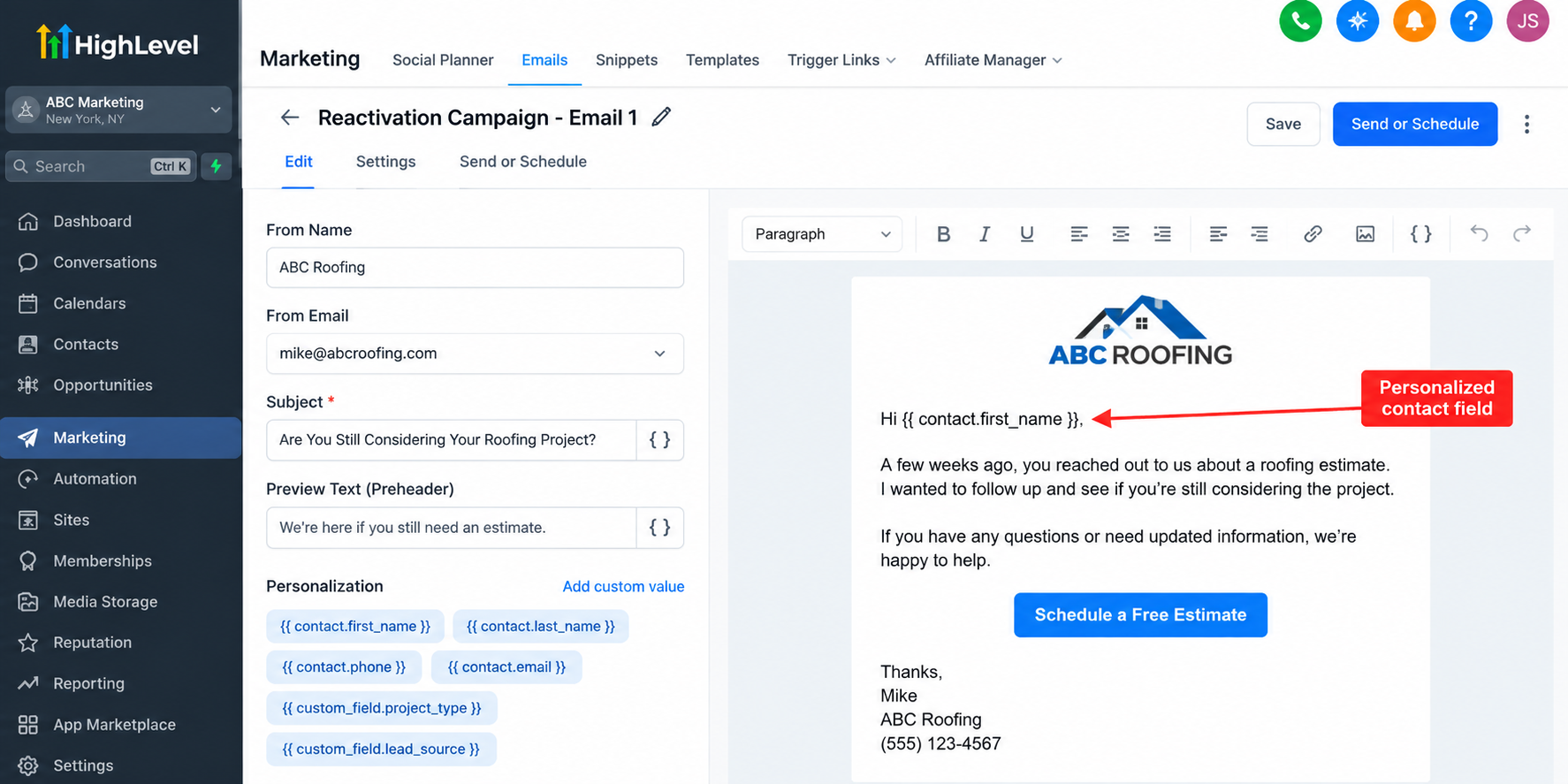 GoHighLevel email editor illustrating a personalized lead reactivation email with contact merge fields, a follow-up message, and an appointment booking button. GoHighLevel email editor illustrating a personalized lead reactivation email with contact merge fields, a follow-up message, and an appointment booking button.