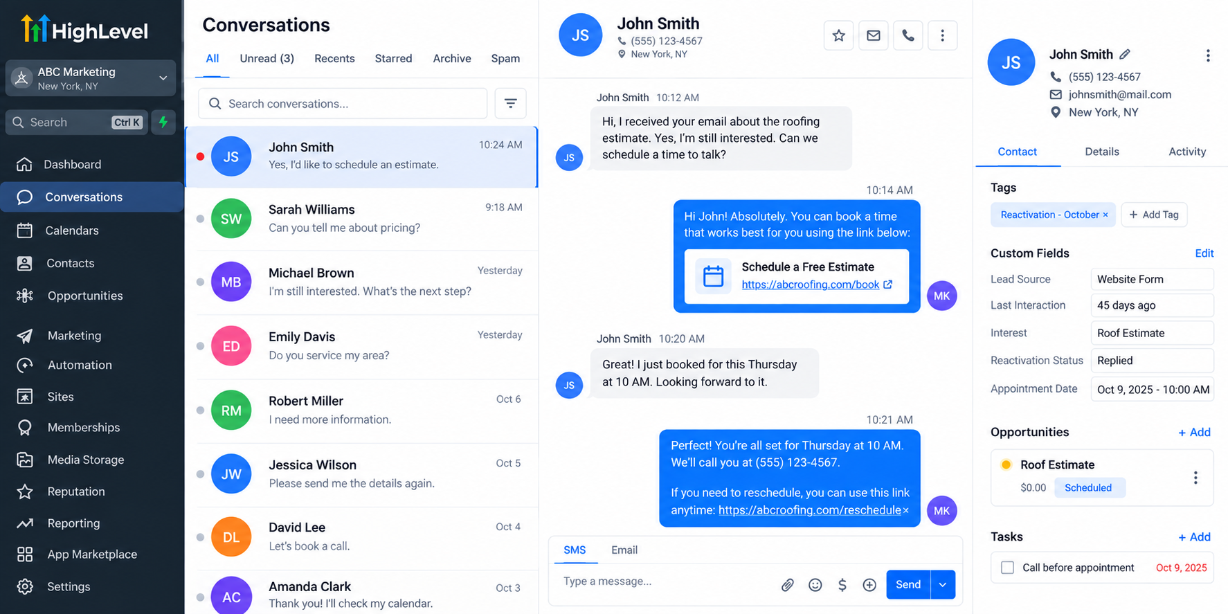 GoHighLevel Conversations dashboard illustrating lead reactivation responses, personalized SMS follow-ups, appointment scheduling, and contact management. GoHighLevel Conversations dashboard illustrating lead reactivation responses, personalized SMS follow-ups, appointment scheduling, and contact management.