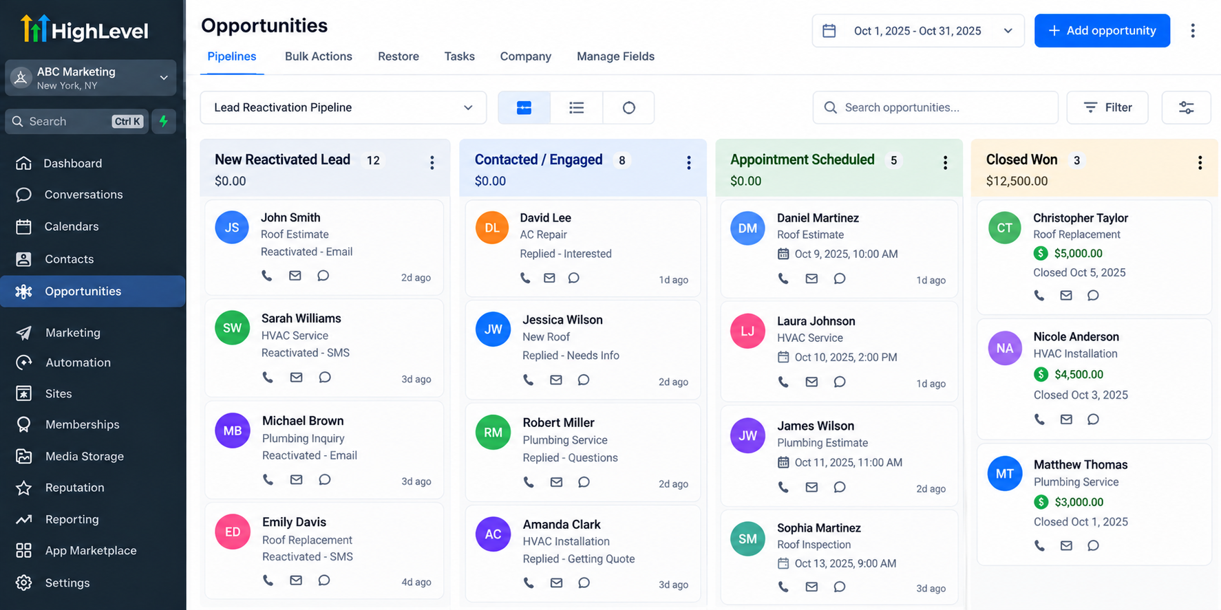 GoHighLevel Opportunities pipeline showing reactivated leads organized into new leads, engaged contacts, scheduled appointments, and closed sales stages. GoHighLevel Opportunities pipeline showing reactivated leads organized into new leads, engaged contacts, scheduled appointments, and closed sales stages.