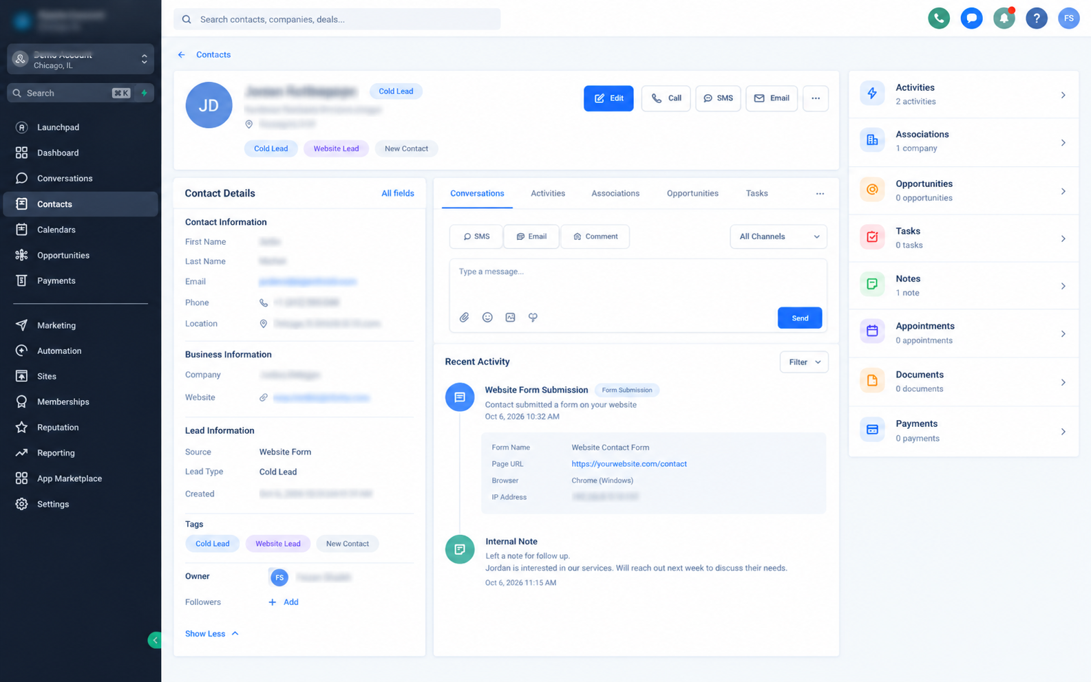 GoHighLevel CRM contact record showing a newly captured cold lead GoHighLevel CRM contact record showing a newly captured cold lead