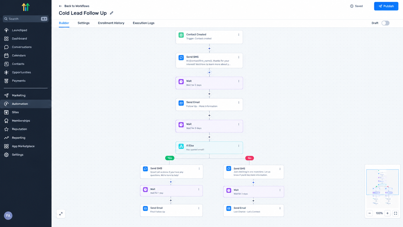 GoHighLevel workflow builder showing automated lead follow up GoHighLevel workflow builder showing automated lead follow up