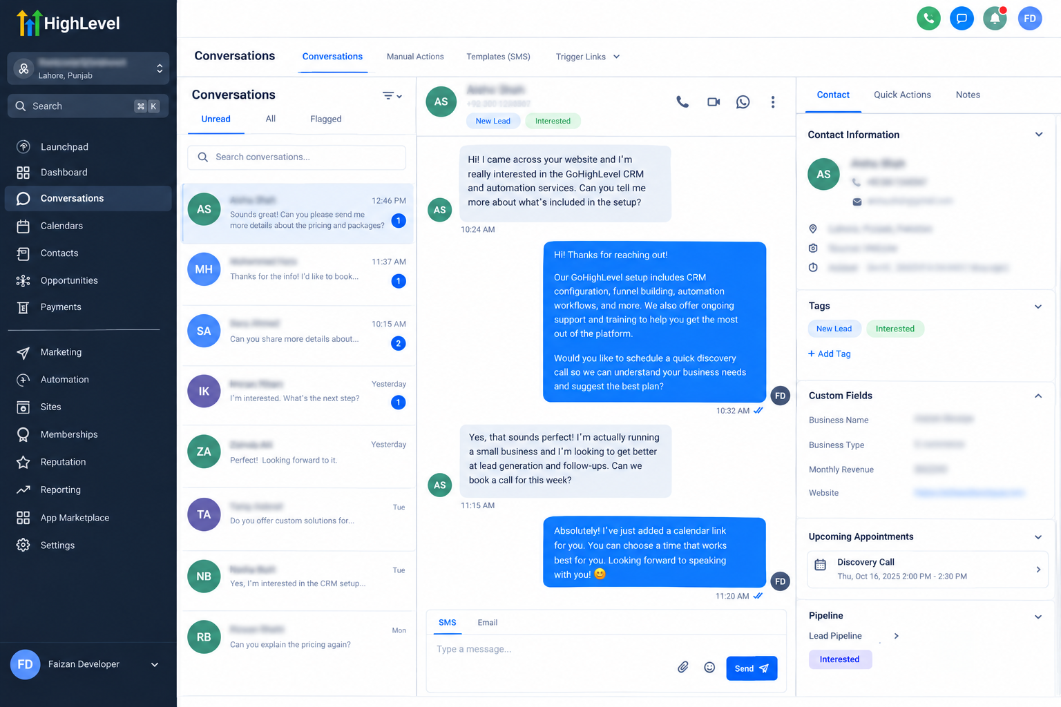 GoHighLevel Conversations showing a positive response from a potential customer GoHighLevel Conversations showing a positive response from a potential customer