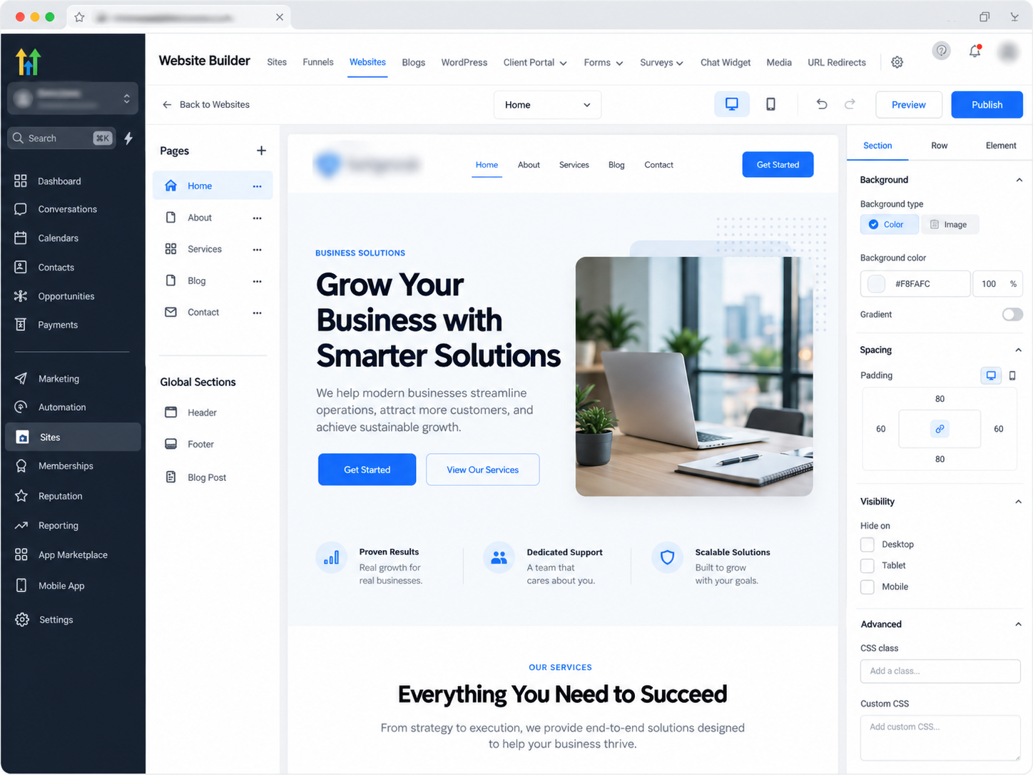 GoHighLevel website builder illustration showing a homepage editor, navigation pages, and design settings. GoHighLevel website builder illustration showing a homepage editor, navigation pages, and design settings.