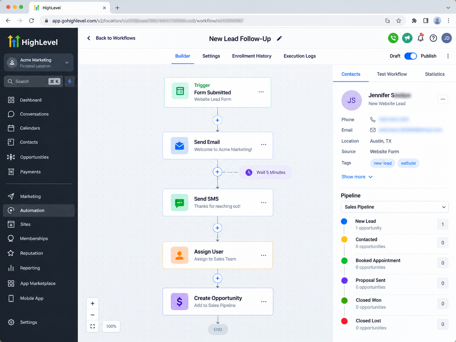Example GoHighLevel workflow showing form submission, automated email and SMS follow-up, user assignment, and opportunity creation. Example GoHighLevel workflow showing form submission, automated email and SMS follow-up, user assignment, and opportunity creation.