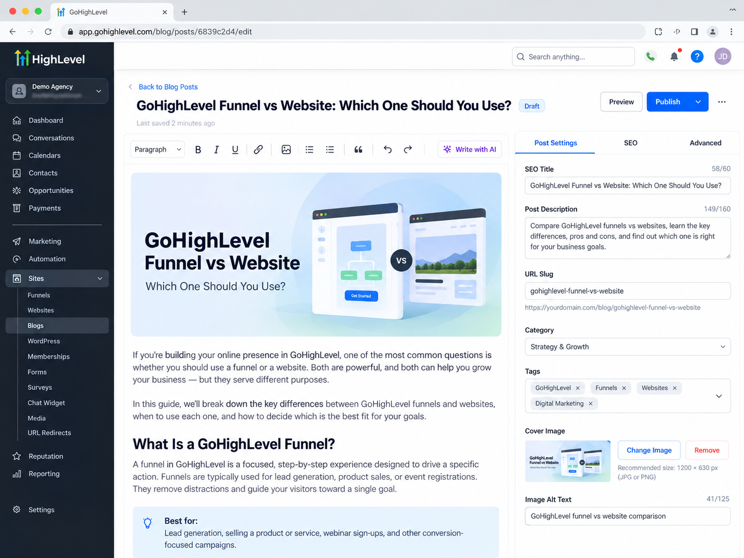 Illustration of the GoHighLevel blog editor showing article content, SEO title, description, URL slug, and cover image settings. Illustration of the GoHighLevel blog editor showing article content, SEO title, description, URL slug, and cover image settings.