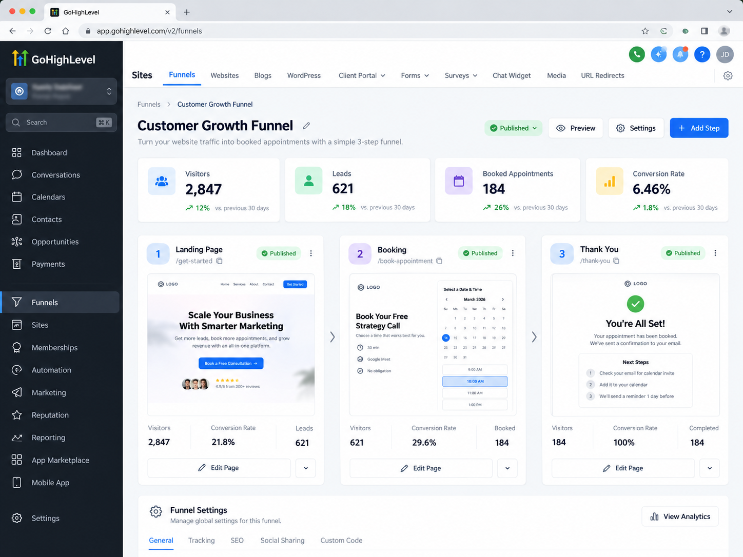 Illustrative GoHighLevel funnel builder interface showing landing page, appointment booking, and thank-you steps. Illustrative GoHighLevel funnel builder interface showing landing page, appointment booking, and thank-you steps.