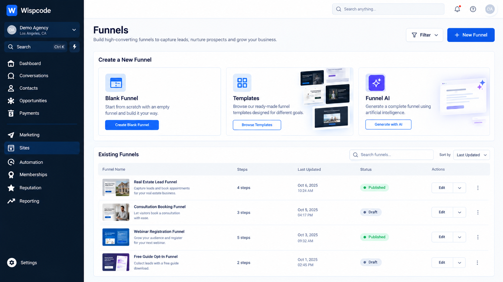 GoHighLevel Funnels dashboard displaying options to create new blank, template, or AI-generated funnels alongside existing funnel projects GoHighLevel Funnels dashboard displaying options to create new blank, template, or AI-generated funnels alongside existing funnel projects