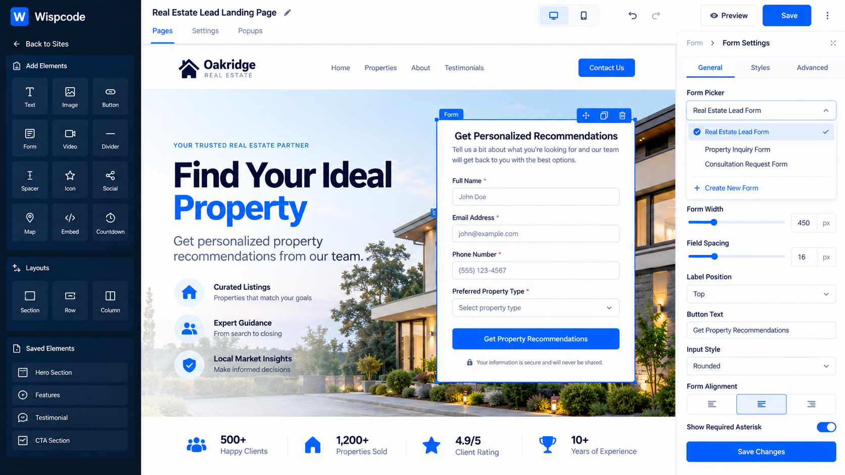 GoHighLevel Funnel page builder showing a Real Estate Lead Landing Page with form settings panel open GoHighLevel Funnel page builder showing a Real Estate Lead Landing Page with form settings panel open