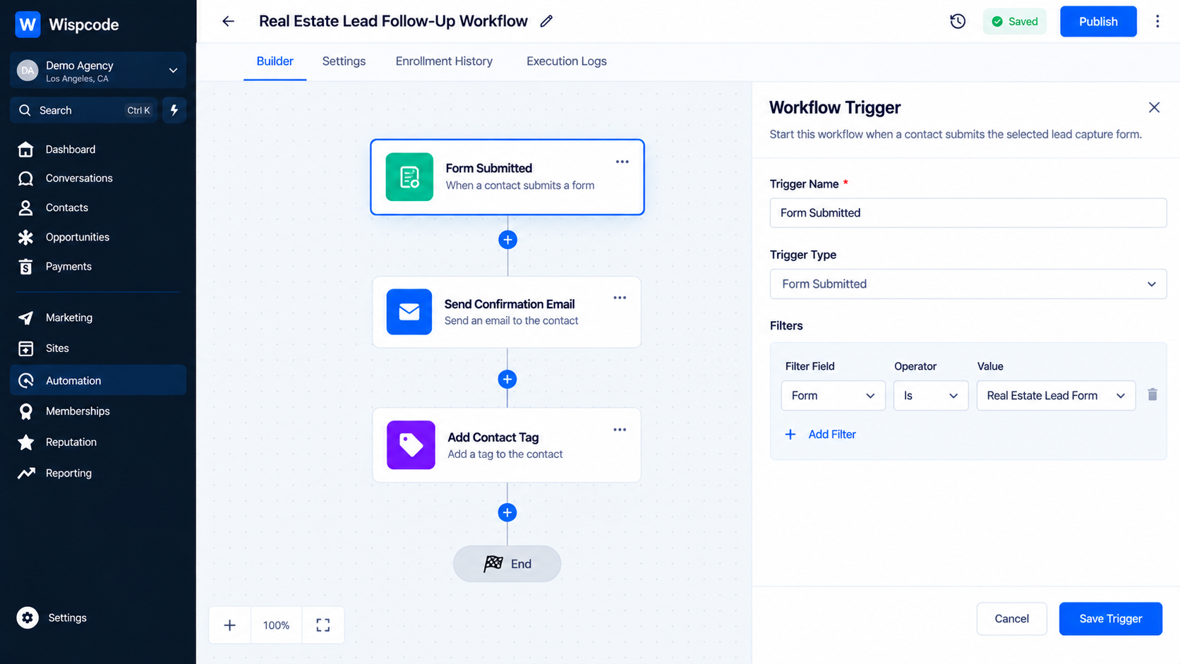 GoHighLevel workflow builder displaying a Real Estate Lead Follow-Up Workflow with Form Submitted trigger settings GoHighLevel workflow builder displaying a Real Estate Lead Follow-Up Workflow with Form Submitted trigger settings