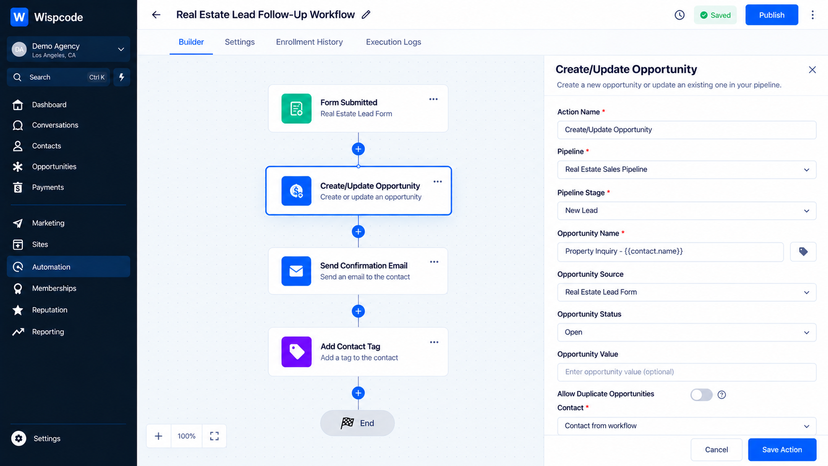 GoHighLevel workflow builder displaying a Real Estate Lead Follow-Up Workflow with Create/Update Opportunity configuration settings GoHighLevel workflow builder displaying a Real Estate Lead Follow-Up Workflow with Create/Update Opportunity configuration settings