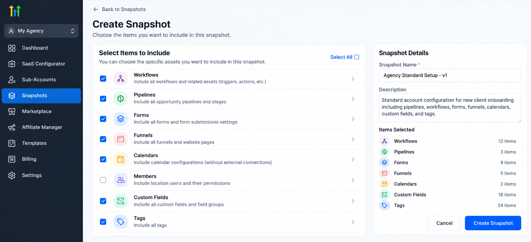 GoHighLevel snapshot creation interface showing reusable workflows, pipelines, forms, funnels, calendars, custom fields, and tags for client account standardization. GoHighLevel snapshot creation interface showing reusable workflows, pipelines, forms, funnels, calendars, custom fields, and tags for client account standardization.