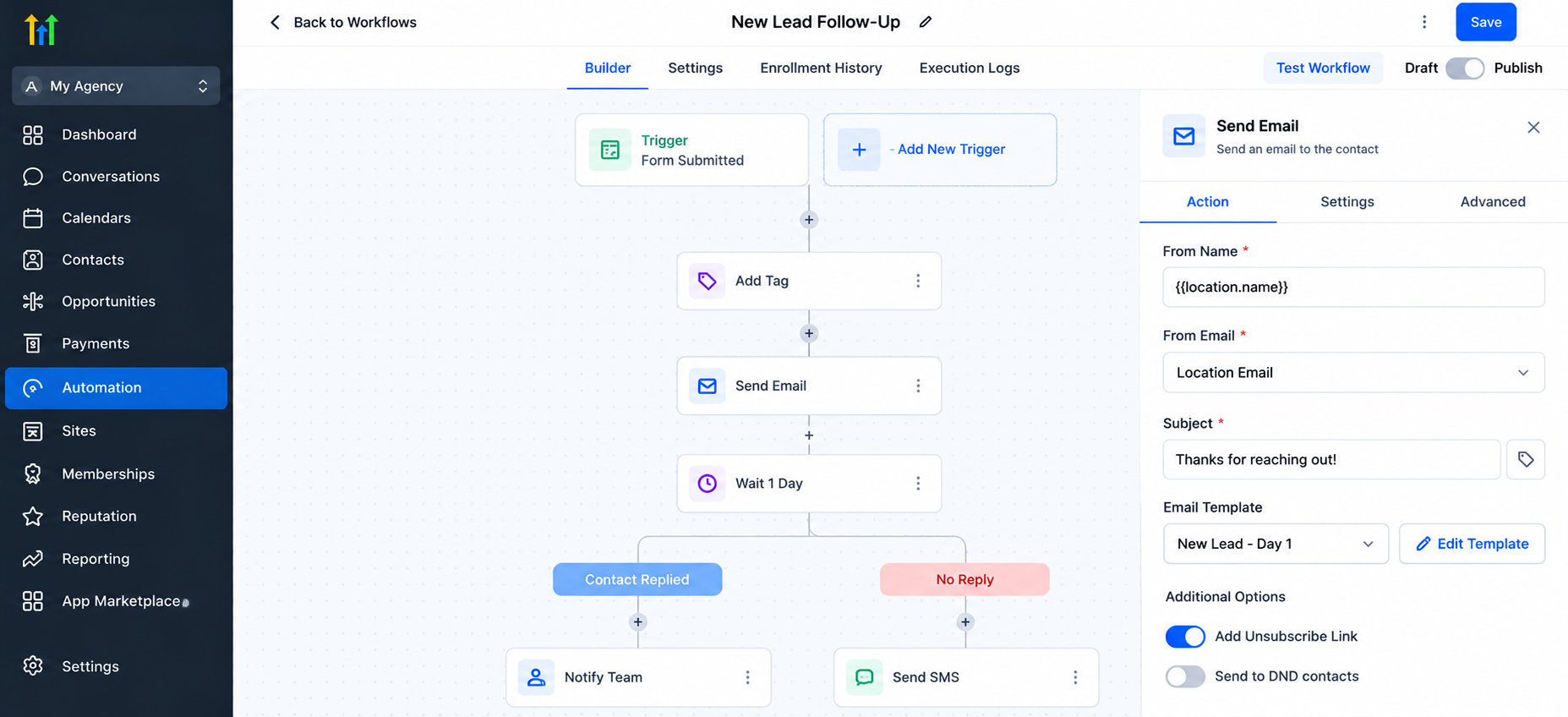 GoHighLevel workflow automation builder showing a standardized lead follow-up sequence with form submission trigger, tags, automated emails, wait steps, SMS, and team notifications. GoHighLevel workflow automation builder showing a standardized lead follow-up sequence with form submission trigger, tags, automated emails, wait steps, SMS, and team notifications.