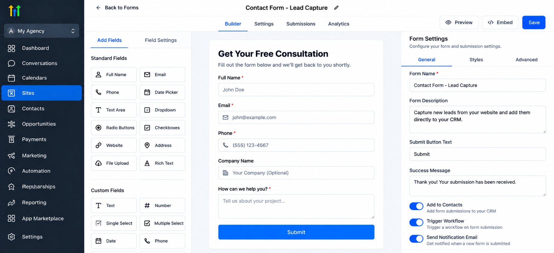 GoHighLevel form builder displaying a standardized lead capture form with name, email, phone, company details, custom fields, and form submission settings for client account onboarding. GoHighLevel form builder displaying a standardized lead capture form with name, email, phone, company details, custom fields, and form submission settings for client account onboarding.
