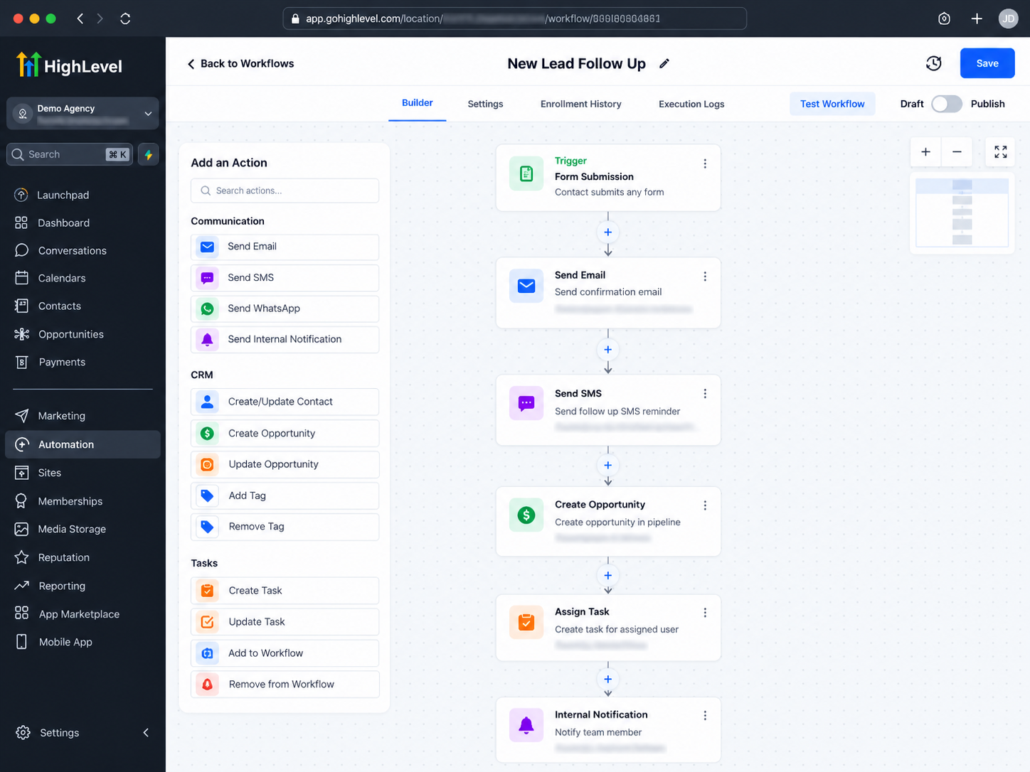 GoHighLevel-style workflow builder illustrating a form submission trigger, automated follow-up emails, SMS messages, and CRM opportunity creation. GoHighLevel-style workflow builder illustrating a form submission trigger, automated follow-up emails, SMS messages, and CRM opportunity creation.