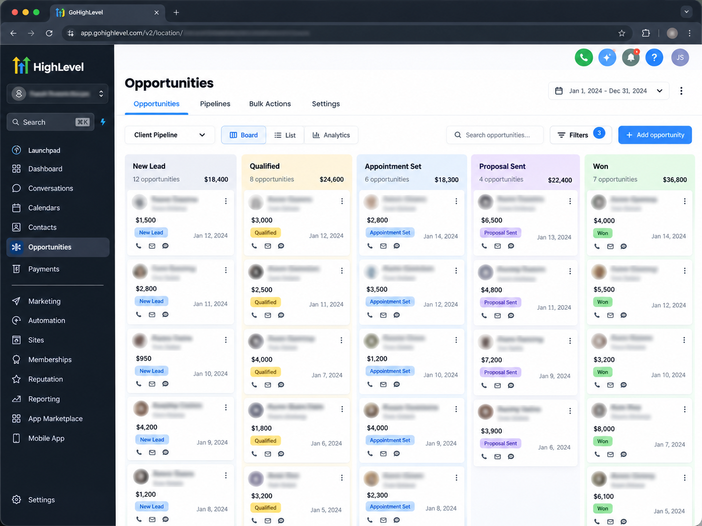 GoHighLevel-style opportunities board with sample leads organized into New Lead, Qualified, Appointment Set, Proposal Sent, and Won stages. GoHighLevel-style opportunities board with sample leads organized into New Lead, Qualified, Appointment Set, Proposal Sent, and Won stages.