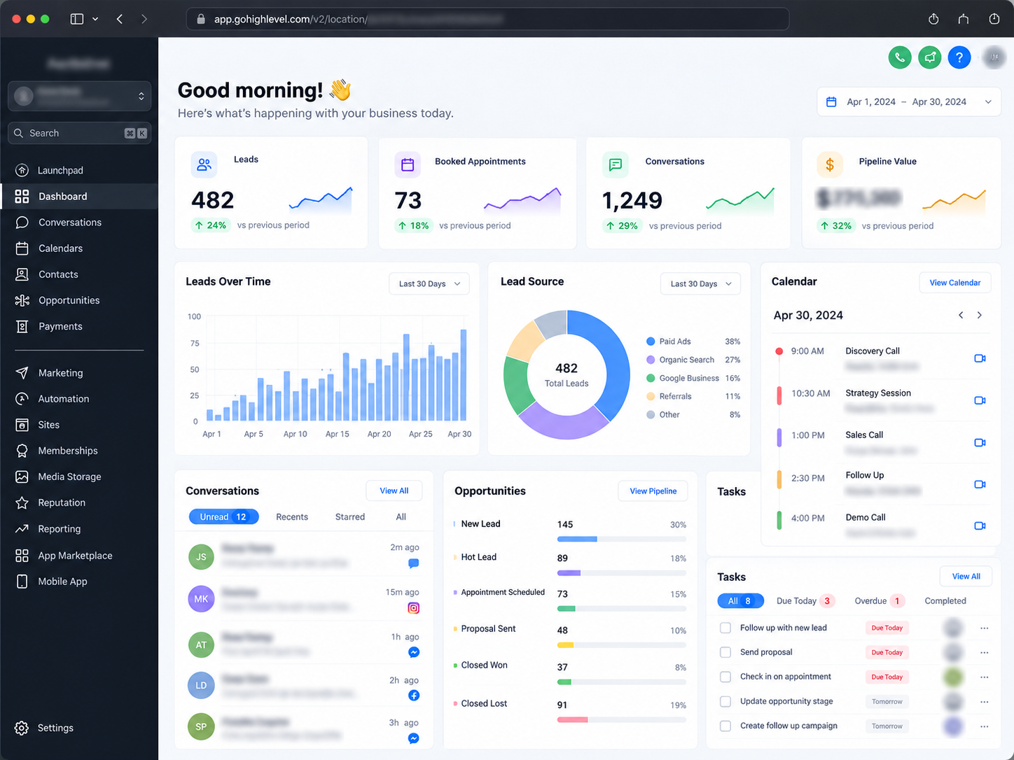 GoHighLevel-style client dashboard displaying illustrative lead metrics, booked appointments, conversations, and opportunity performance. GoHighLevel-style client dashboard displaying illustrative lead metrics, booked appointments, conversations, and opportunity performance.