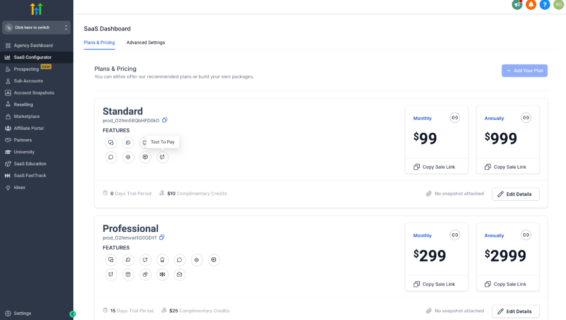 GoHighLevel SaaS Configurator showing subscription plan pricing and feature settings. GoHighLevel SaaS Configurator showing subscription plan pricing and feature settings.