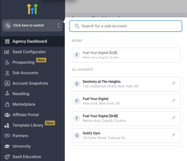 GoHighLevel agency dashboard displaying the client sub-accounts management interface. GoHighLevel agency dashboard displaying the client sub-accounts management interface.