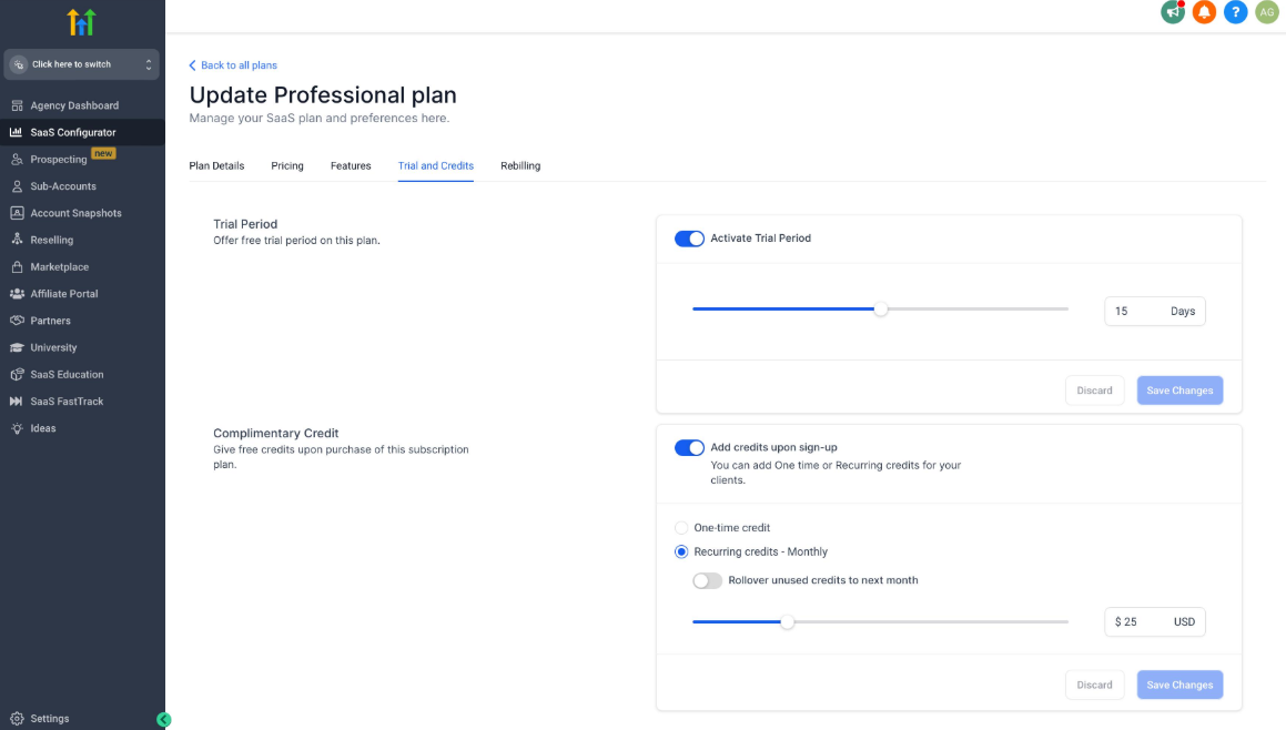 GoHighLevel SaaS billing configuration showing supported subscription payment settings. GoHighLevel SaaS billing configuration showing supported subscription payment settings.