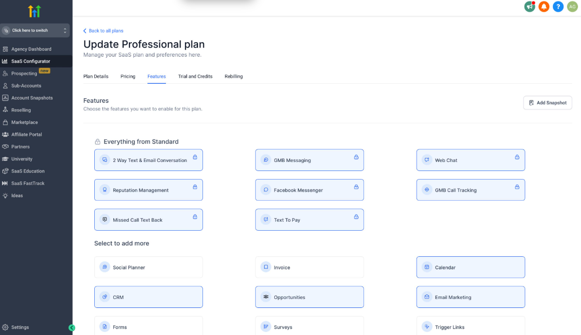 GoHighLevel SaaS plan configuration showing snapshot options for client account onboarding. GoHighLevel SaaS plan configuration showing snapshot options for client account onboarding.