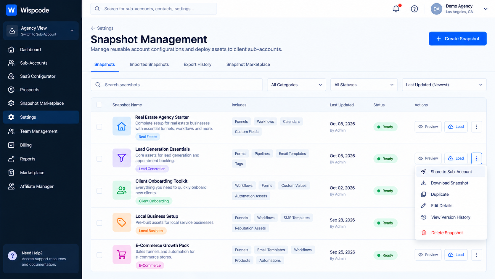 Snapshot Management dashboard displaying a list of reusable configurations with an open action dropdown menu Snapshot Management dashboard displaying a list of reusable configurations with an open action dropdown menu