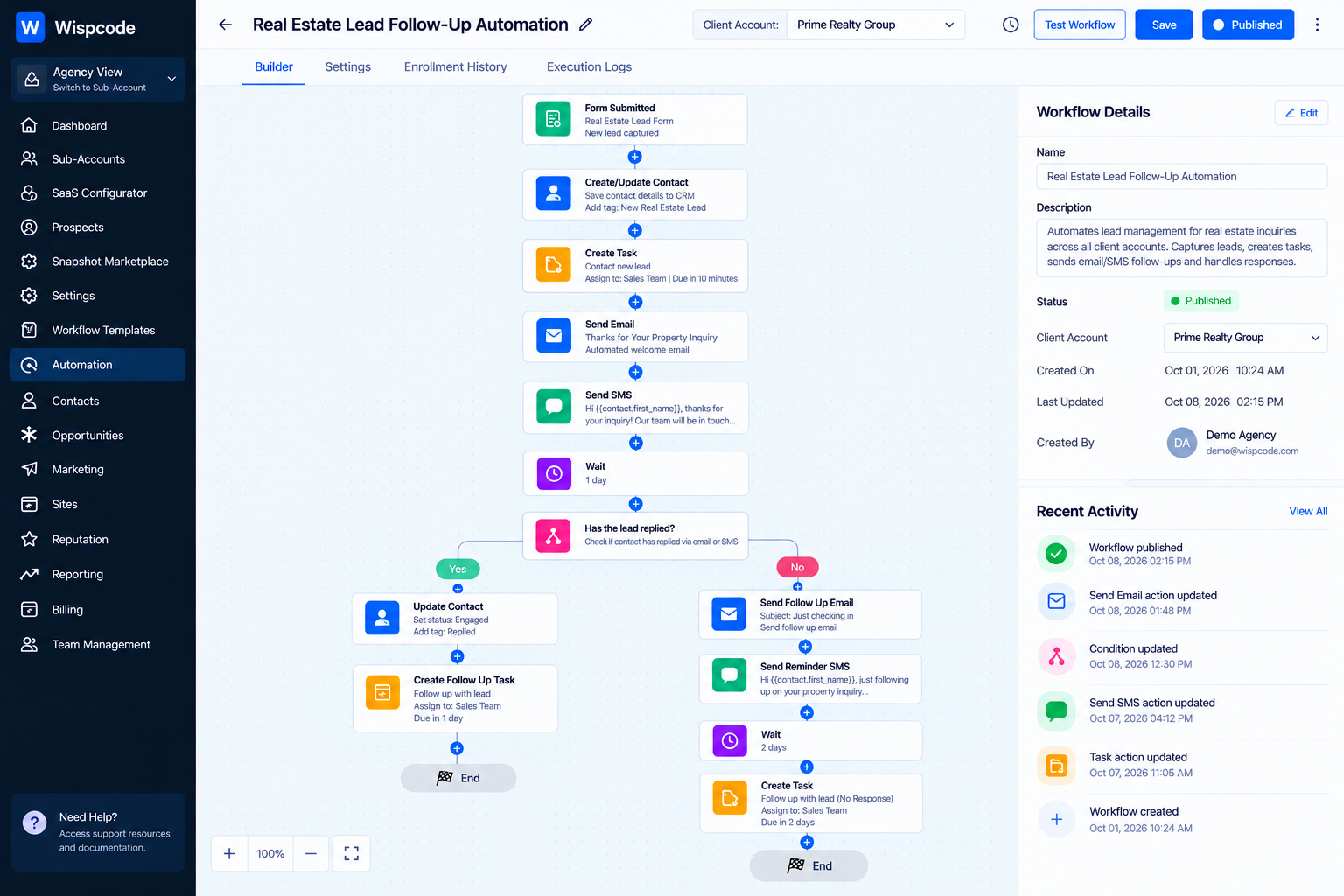 Wispcode Real Estate Lead Follow-Up Automation workflow with conditional branching and metadata panel Wispcode Real Estate Lead Follow-Up Automation workflow with conditional branching and metadata panel