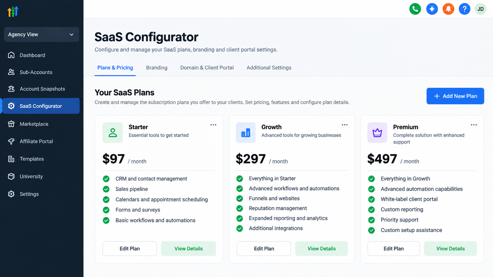 GoHighLevel SaaS Configurator illustration showing Starter, Growth, and Premium subscription plans priced at $97, $297, and $497 per month. GoHighLevel SaaS Configurator illustration showing Starter, Growth, and Premium subscription plans priced at $97, $297, and $497 per month.