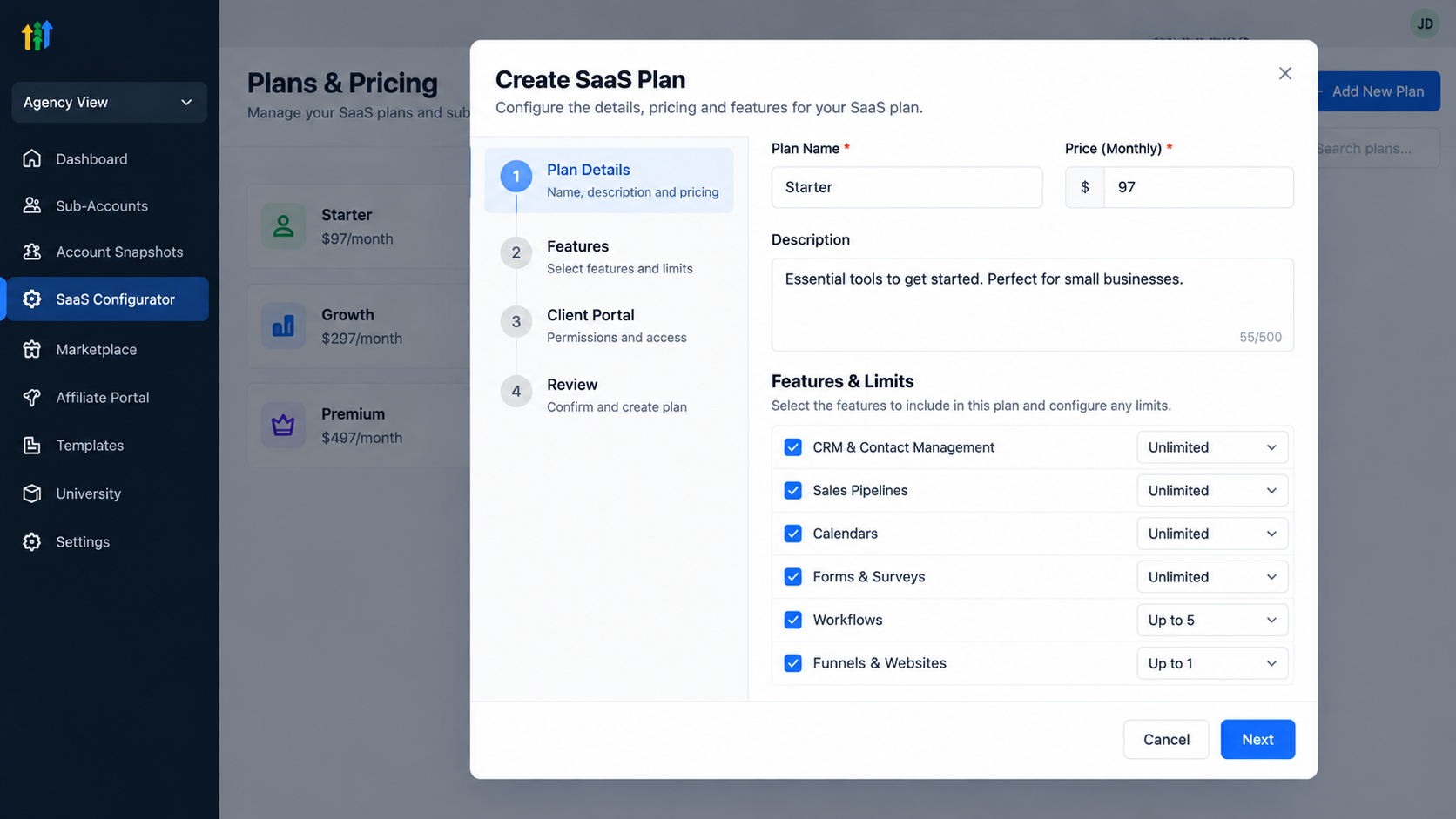 GoHighLevel SaaS plan creation interface illustration showing a Starter plan priced at $97 per month with CRM, pipelines, calendars, workflows, and feature settings. GoHighLevel SaaS plan creation interface illustration showing a Starter plan priced at $97 per month with CRM, pipelines, calendars, workflows, and feature settings.