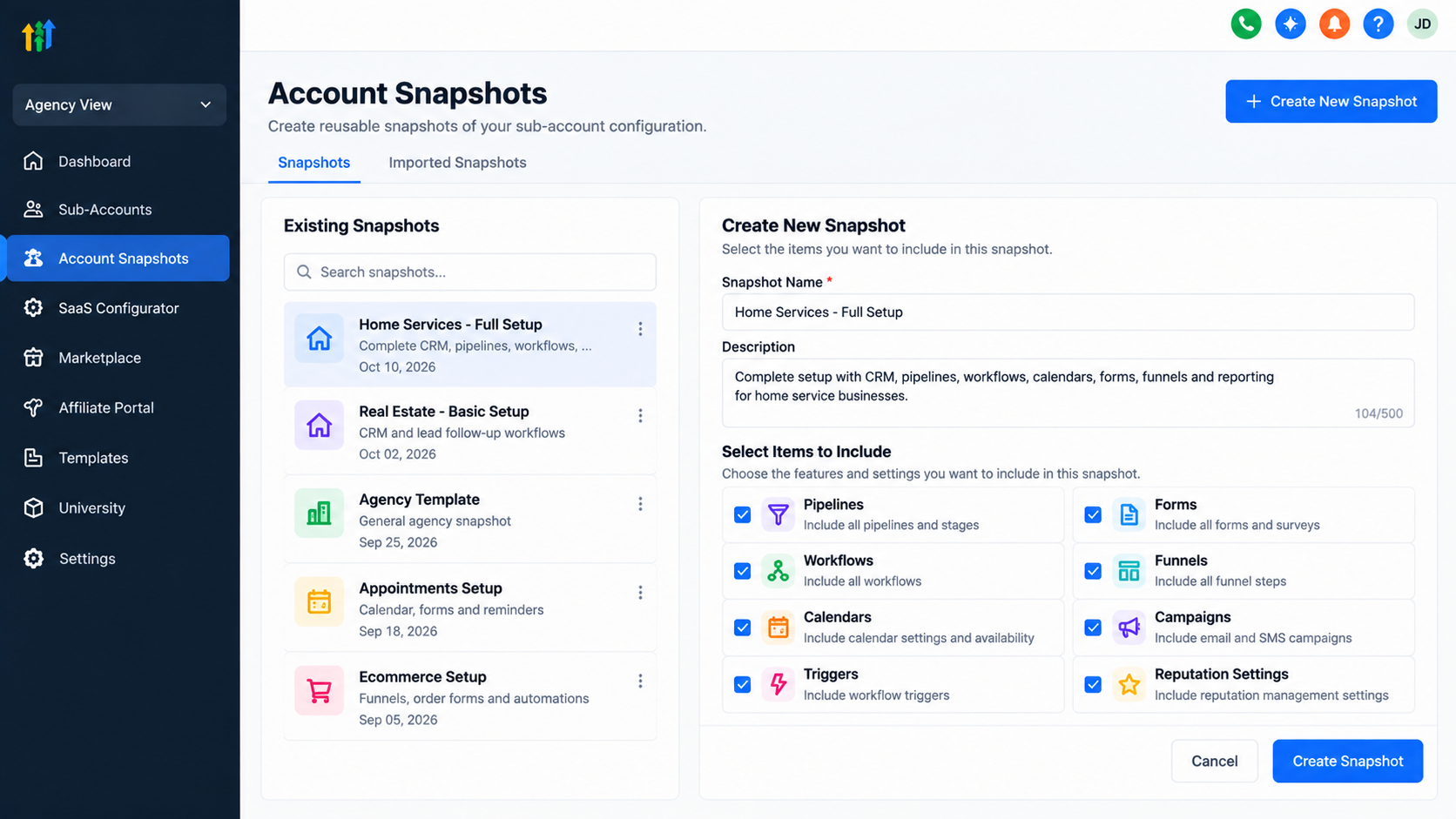 GoHighLevel Account Snapshots interface illustration showing reusable templates for CRM pipelines, workflows, calendars, forms, and funnels. GoHighLevel Account Snapshots interface illustration showing reusable templates for CRM pipelines, workflows, calendars, forms, and funnels.