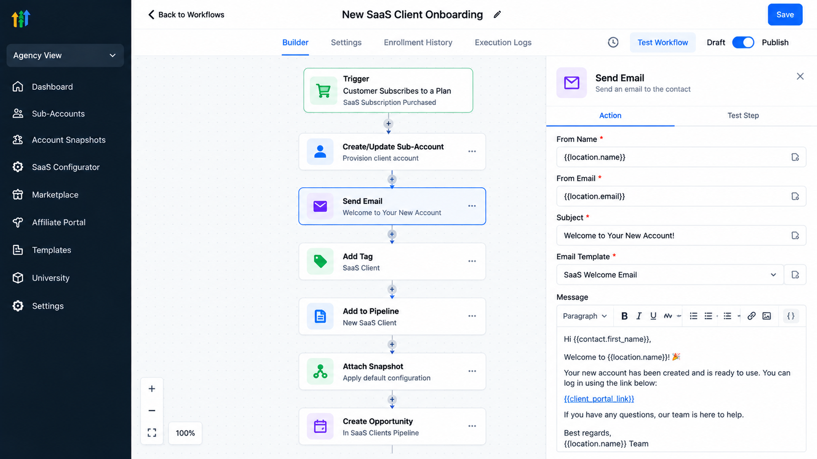 GoHighLevel SaaS client onboarding workflow illustration showing subscription activation, account setup, automated welcome emails, contact tagging, and pipeline management. GoHighLevel SaaS client onboarding workflow illustration showing subscription activation, account setup, automated welcome emails, contact tagging, and pipeline management.