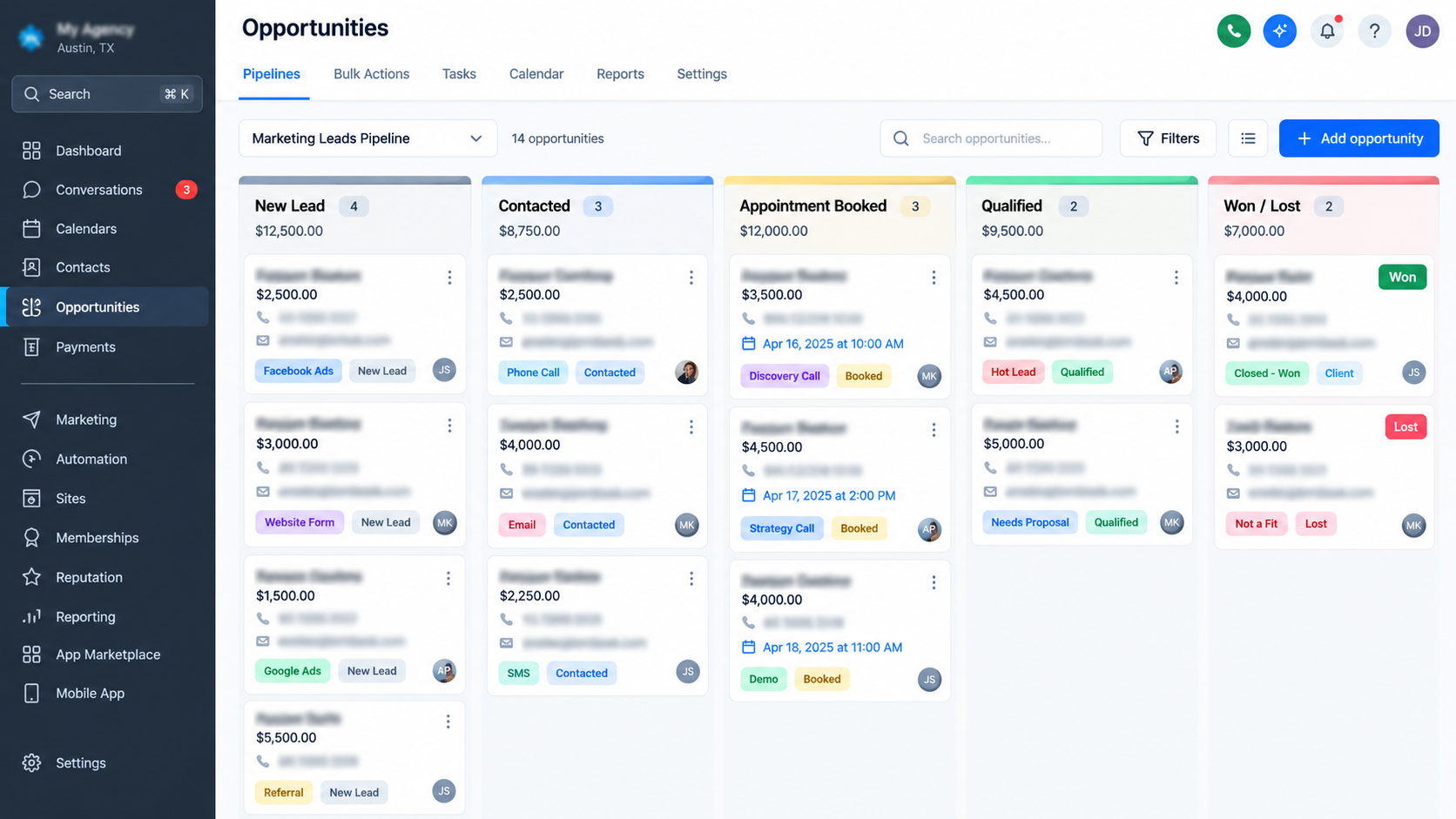 GoHighLevel opportunities pipeline showing marketing leads moving through sales stages GoHighLevel opportunities pipeline showing marketing leads moving through sales stages