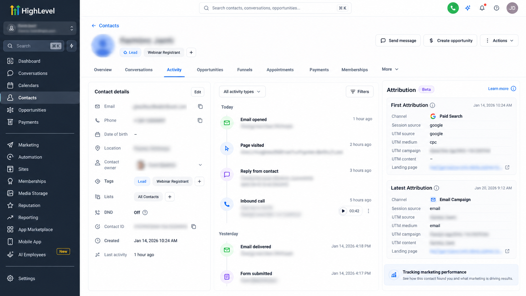 GoHighLevel contact record showing first attribution and latest attribution for lead tracking GoHighLevel contact record showing first attribution and latest attribution for lead tracking