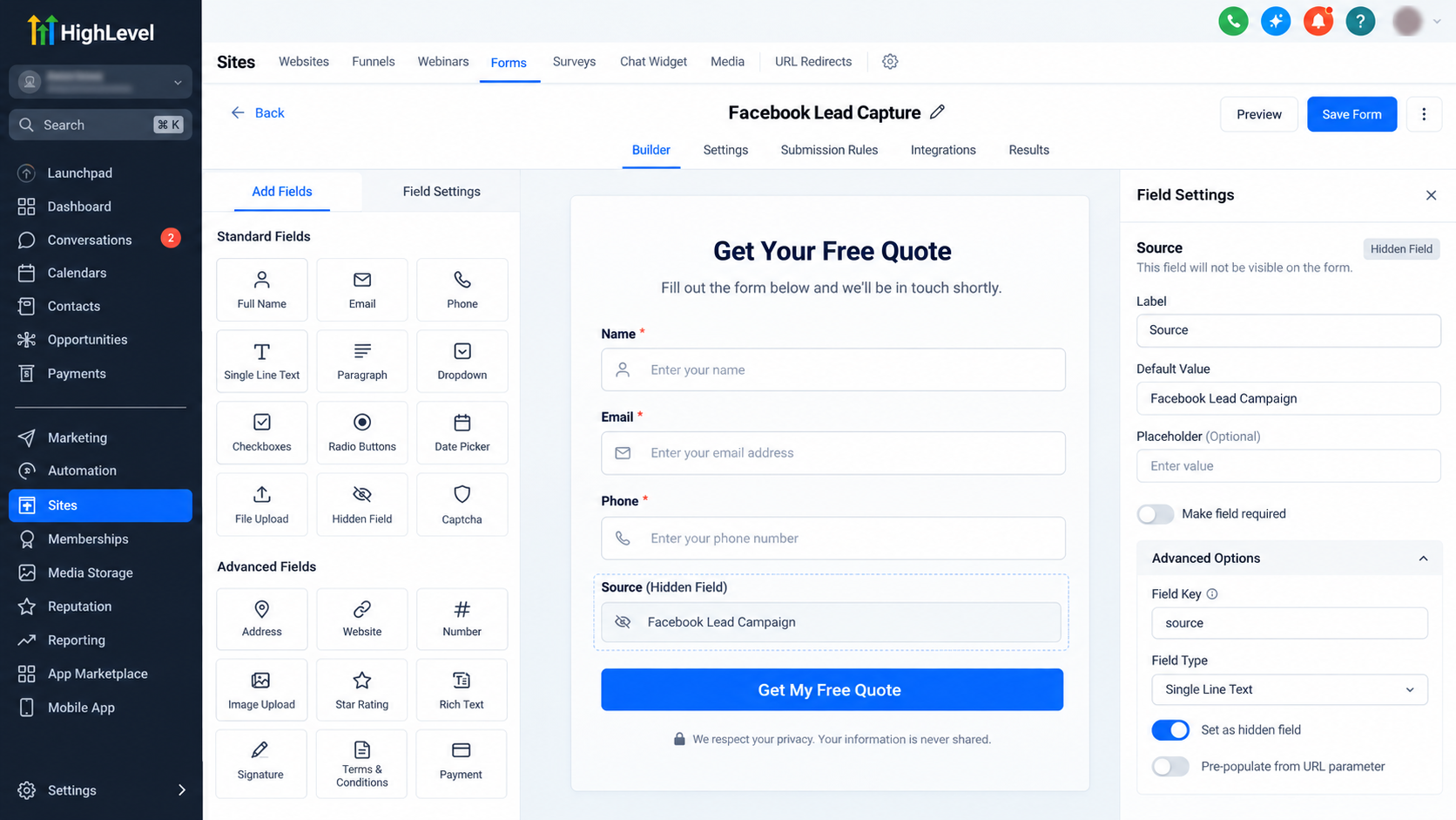GoHighLevel form builder showing a hidden Source field for tracking marketing lead origin GoHighLevel form builder showing a hidden Source field for tracking marketing lead origin