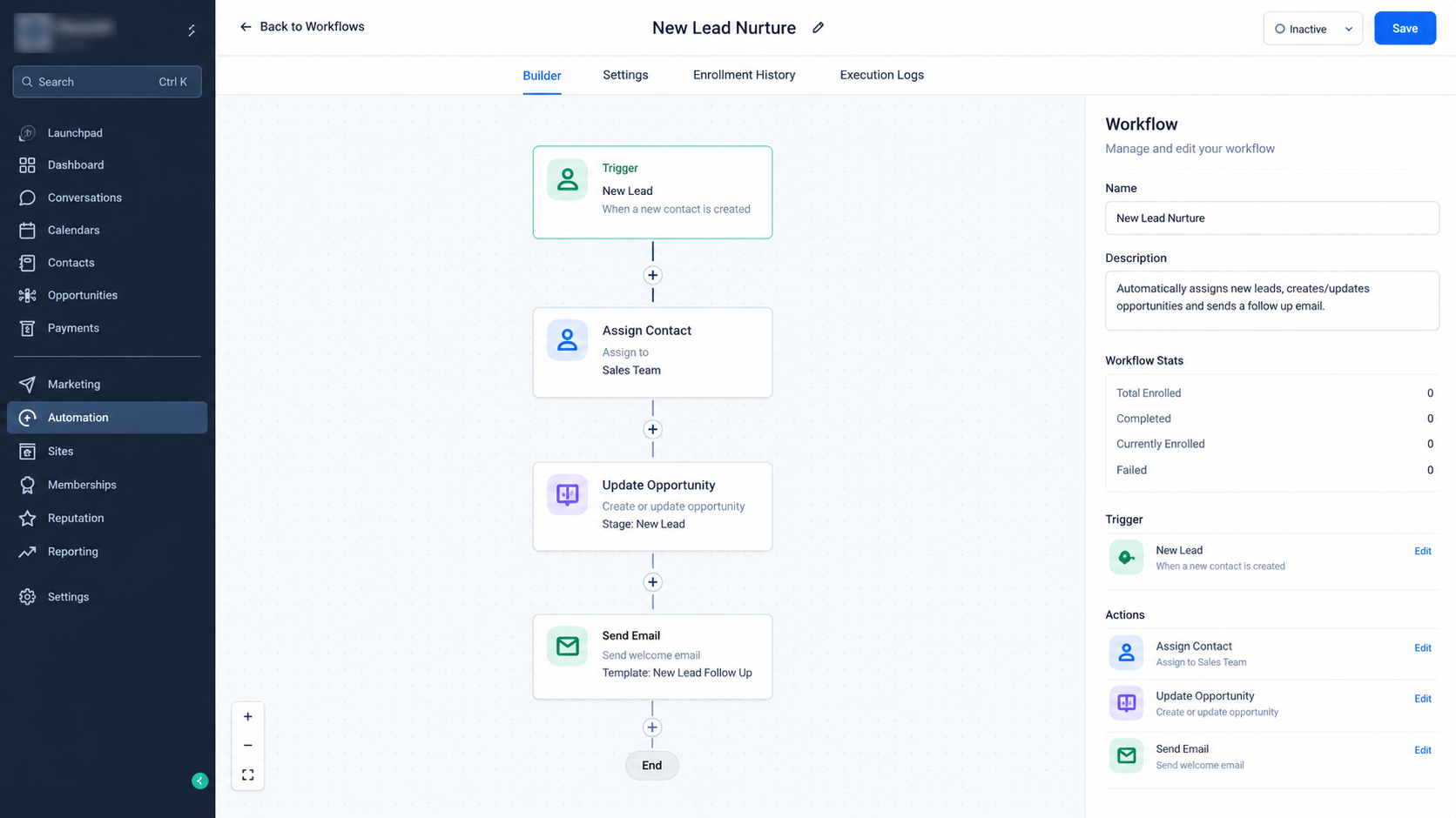 GoHighLevel workflow builder showing automation steps for managing and following up with new leads. GoHighLevel workflow builder showing automation steps for managing and following up with new leads.