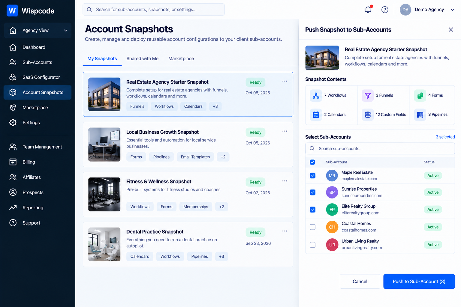 Wispcode Account Snapshots dashboard with a side panel for pushing snapshots to client sub-accounts Wispcode Account Snapshots dashboard with a side panel for pushing snapshots to client sub-accounts