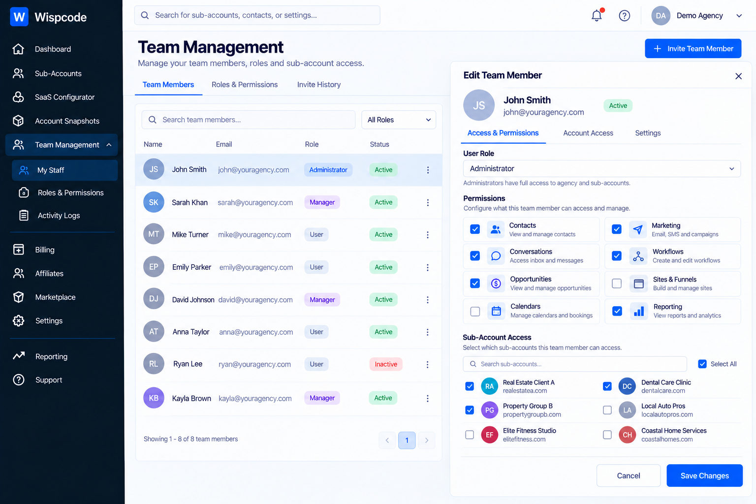 Wispcode Team Management dashboard displaying staff member roles and permissions settings Wispcode Team Management dashboard displaying staff member roles and permissions settings