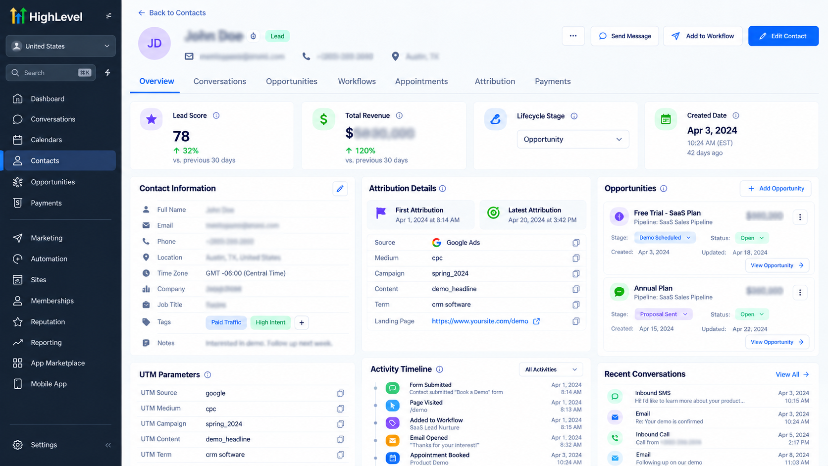 GoHighLevel-style contact details showing first attribution, latest attribution, and UTM campaign tracking GoHighLevel-style contact details showing first attribution, latest attribution, and UTM campaign tracking