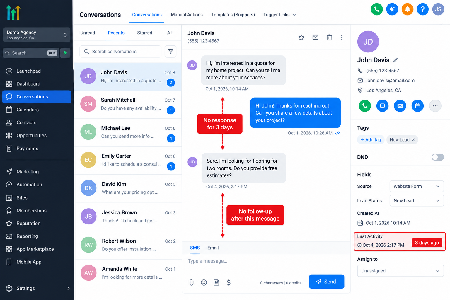GoHighLevel Conversations dashboard illustrating delayed lead responses, unanswered messages, and missed follow-ups that create sales bottlenecks. GoHighLevel Conversations dashboard illustrating delayed lead responses, unanswered messages, and missed follow-ups that create sales bottlenecks.
