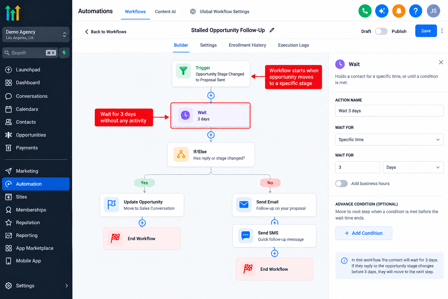 GoHighLevel workflow automation builder illustrating stalled opportunity follow-ups, wait actions, conditional branches, and automated email and SMS reminders. GoHighLevel workflow automation builder illustrating stalled opportunity follow-ups, wait actions, conditional branches, and automated email and SMS reminders.