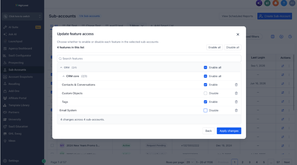GoHighLevel bulk feature update dialog showing individual Enable and Disable options for selected features. GoHighLevel bulk feature update dialog showing individual Enable and Disable options for selected features.