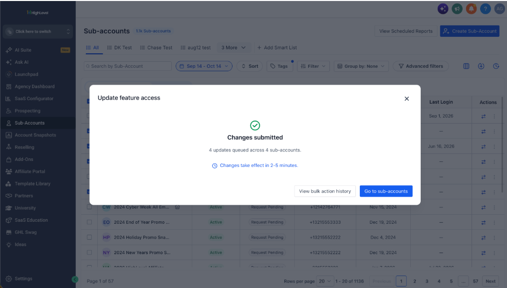 GoHighLevel confirmation dialog showing bulk feature update requests submitted and queued across four sub-accounts. GoHighLevel confirmation dialog showing bulk feature update requests submitted and queued across four sub-accounts.